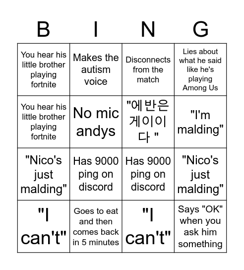 EVAN BING! Bingo Card