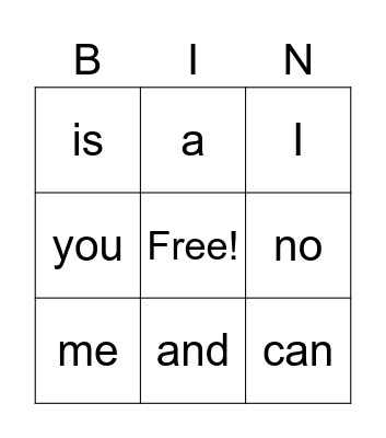 Sight Words Bingo Card