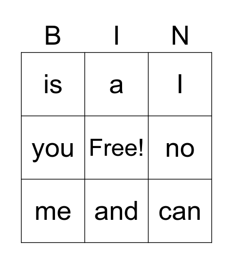 Sight Words Bingo Card