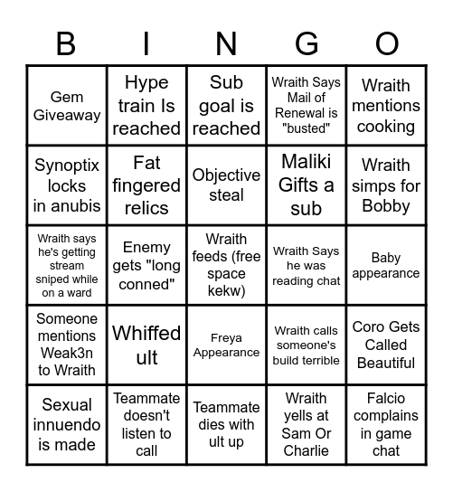 Wraithyn Stream Bingo Card