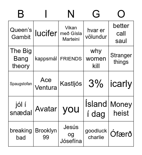 Kvikmynda og þáttabingó Bingo Card