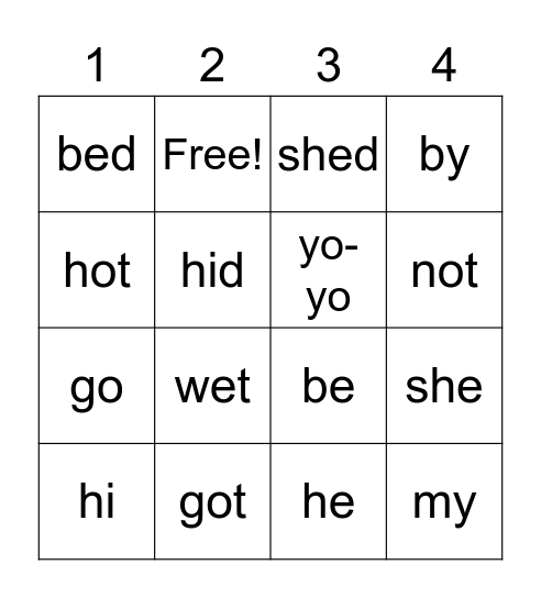 open/closed vowel Bingo Card