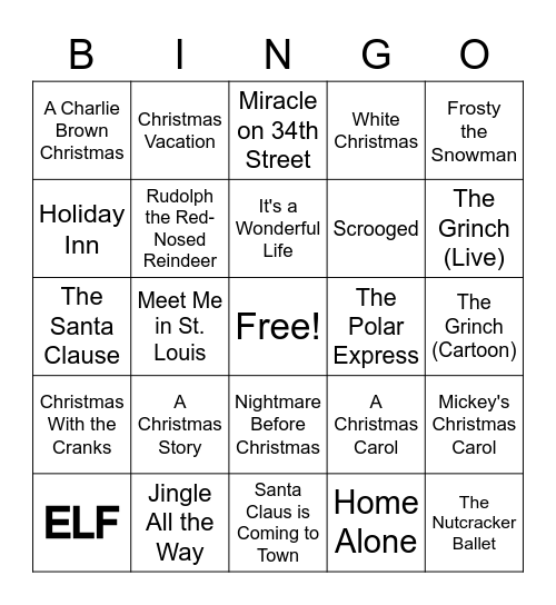 Christmas Movie Bingo Card