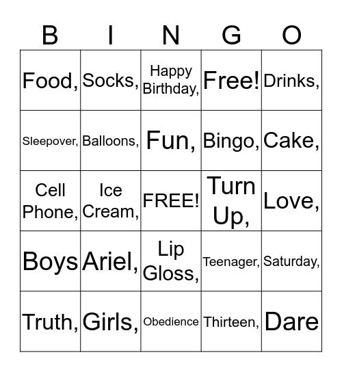 Ariel Sleepover Bingo Game Bingo Card