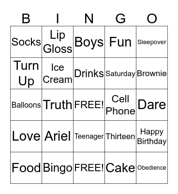 Ariel Sleepover Bingo Game Bingo Card