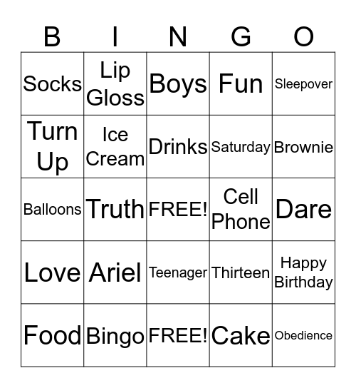 Ariel Sleepover Bingo Game Bingo Card