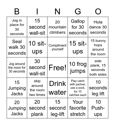 Mann Fitness Bingo Card