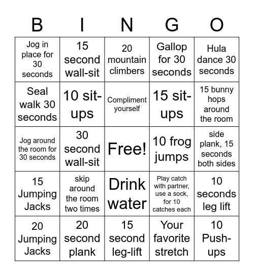 fitness class bingo