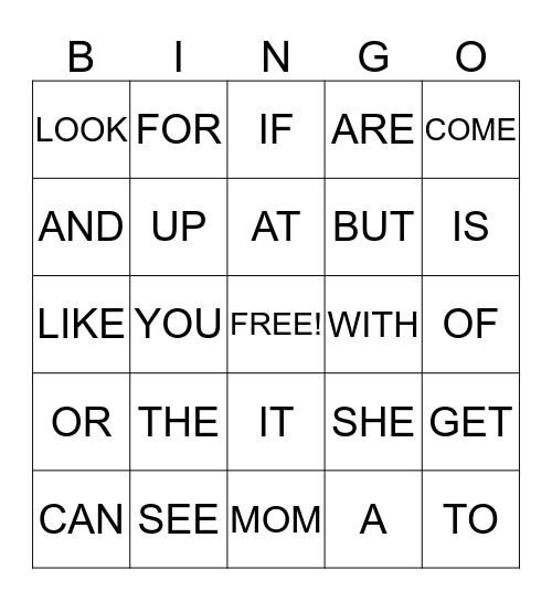 Sight Word Bingo Card