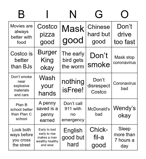 我是泽瑞 life lessons Bingo Card