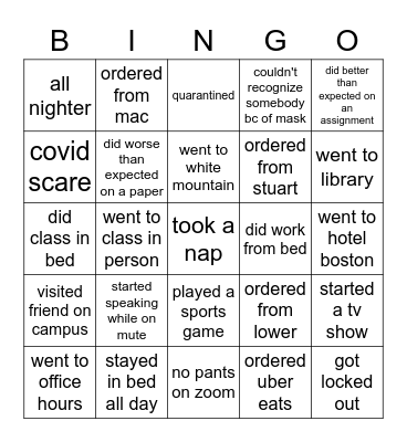 covid freshman bingo !! Bingo Card