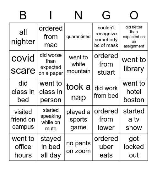 covid freshman bingo !! Bingo Card