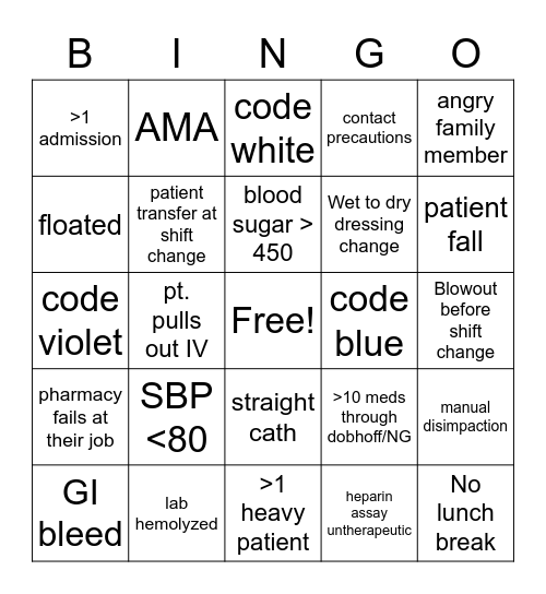 Rough Shift Bingo Card