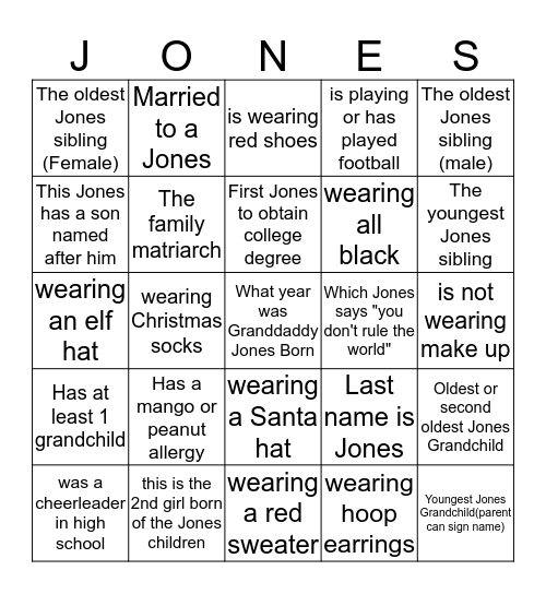 Jones Family Christmas Celebration Bingo Card