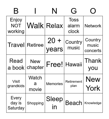 Retirement Bingo Card