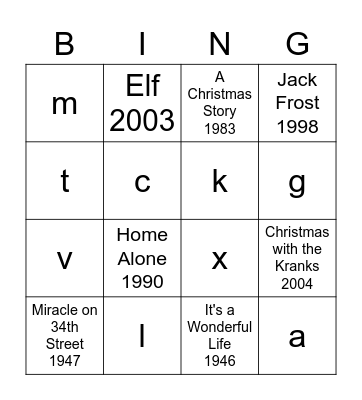 Holiday Movie Bingo Card