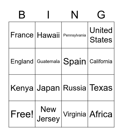 Places Bingo Card