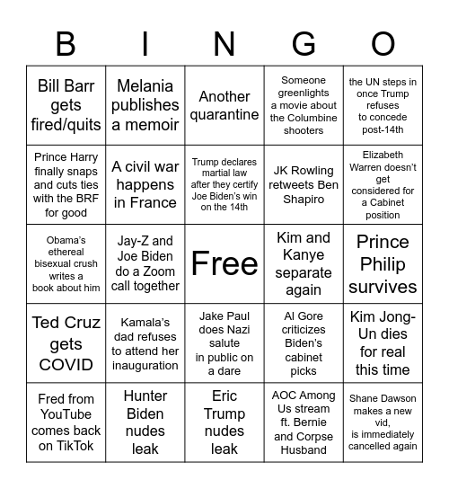 December 2020 Bingo Card