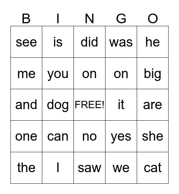 SIGHT WORDS BINGO Card