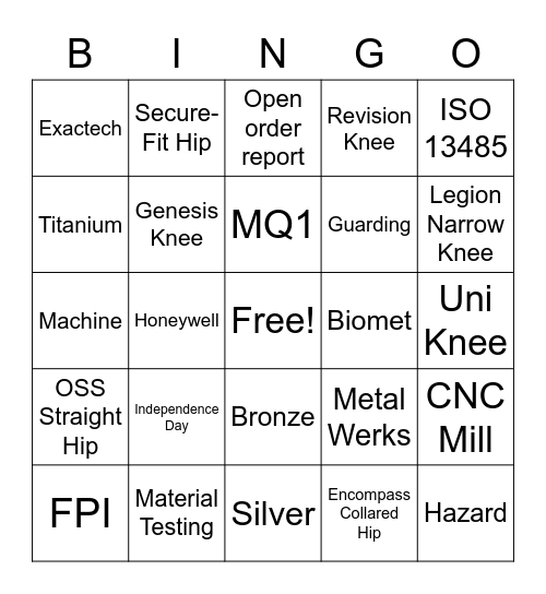 Tecomet Bingo Card