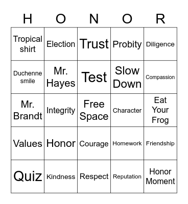 Honor Bingo Card