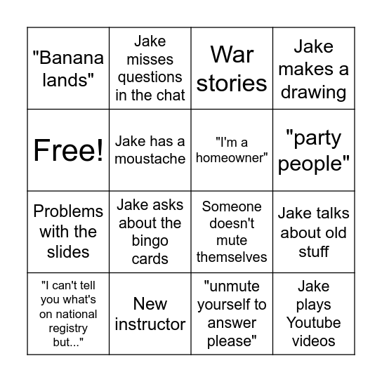 Jake Bingo Card