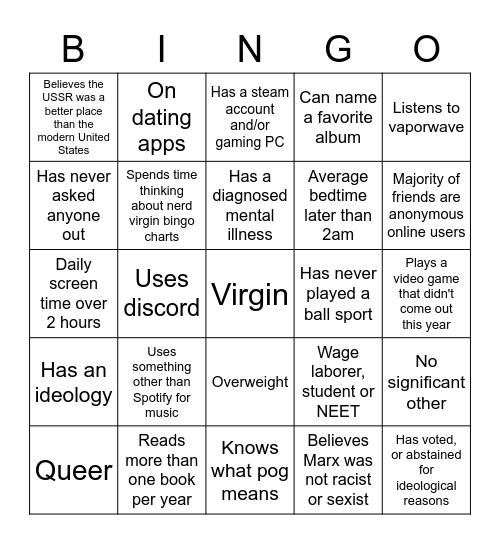 DBHQ Nerd Virgin Bingo Card