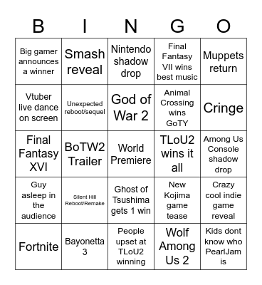 The Game Awards 2020 Bingo Card