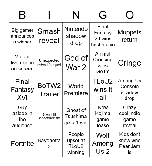 The Game Awards 2020 Bingo Card