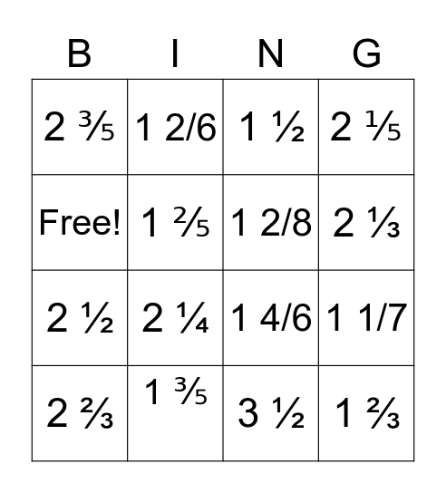 Mixed Fractions & Improper Fractions Bingo Card