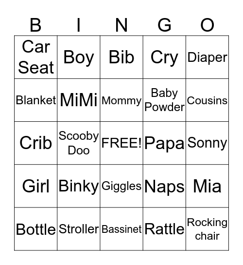 Baby E Reveal Party Bingo Card