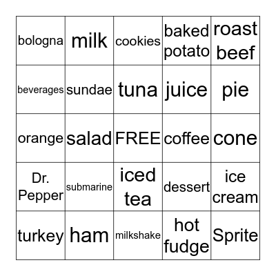 Food Words 2 Bingo Card