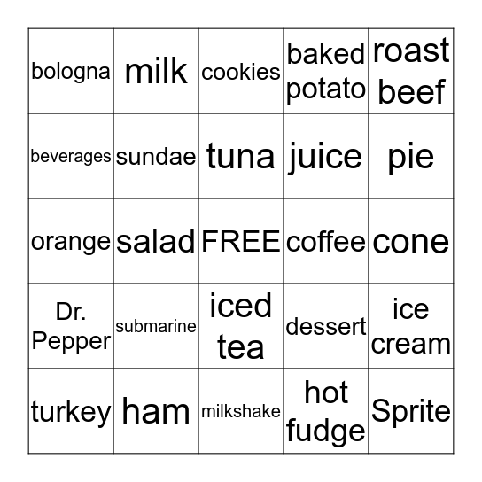 Food Words 2 Bingo Card