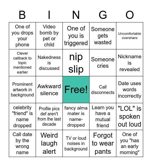 FaceTime Date bingo Card