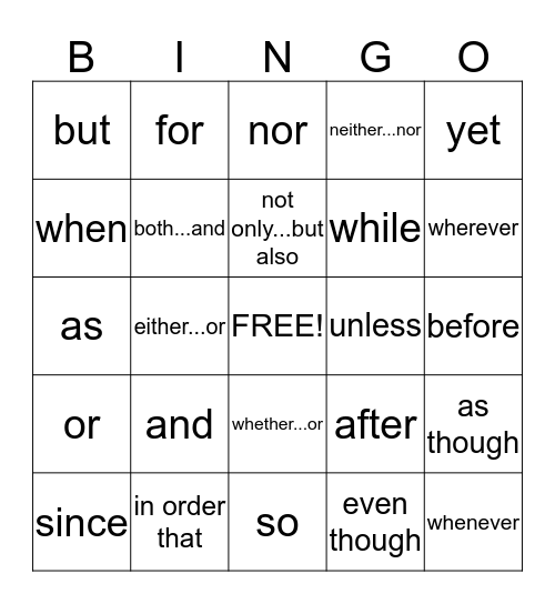 Conjunction bingo  Bingo Card
