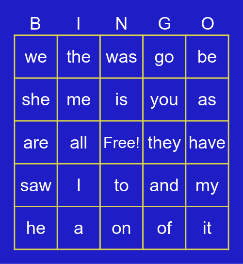 Sight word bingo Card