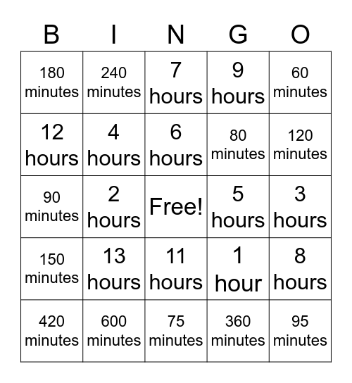Time Conversion Bingo! Bingo Card