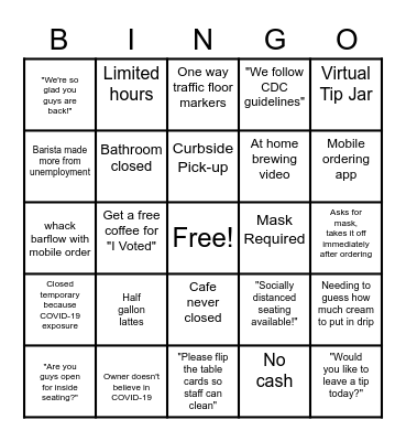 Specialty Cafe 2020 Bingo Card