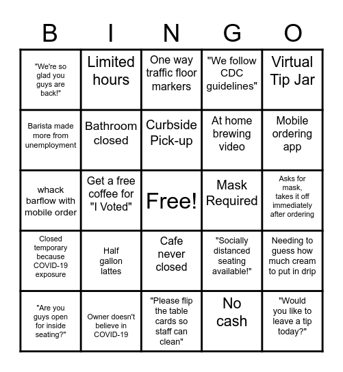 Specialty Cafe 2020 Bingo Card