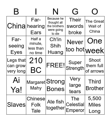 7 Chinese Brothers Bingo Card