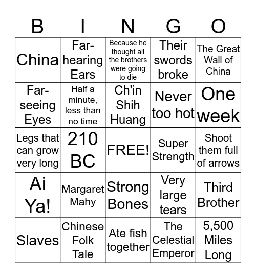 7 Chinese Brothers Bingo Card