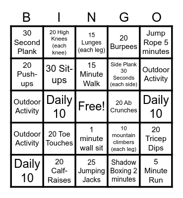 December Fitness Bingo Card