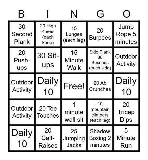 December Fitness Bingo Card