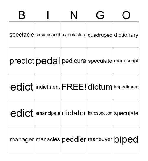 Root Words ped, man, spec, dict Bingo Card