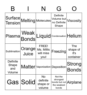 States of Matter Bingo Card
