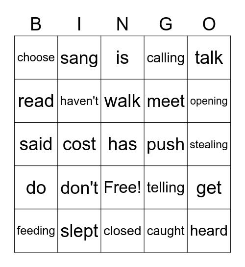 Verbs Bingo Card