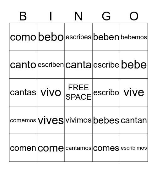 -AR -ER and -IR Endings and Conjugations Bingo Card