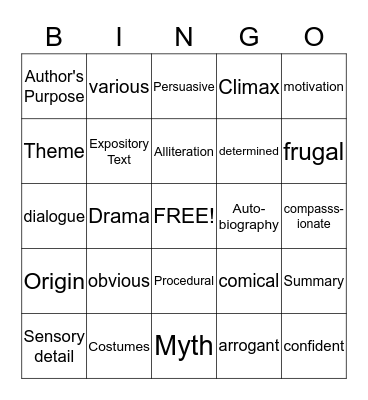 STAAR VOCABULARY Bingo Card