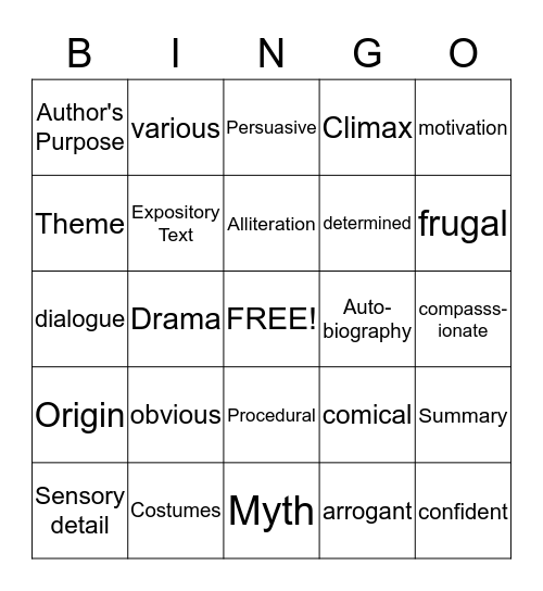 STAAR VOCABULARY Bingo Card