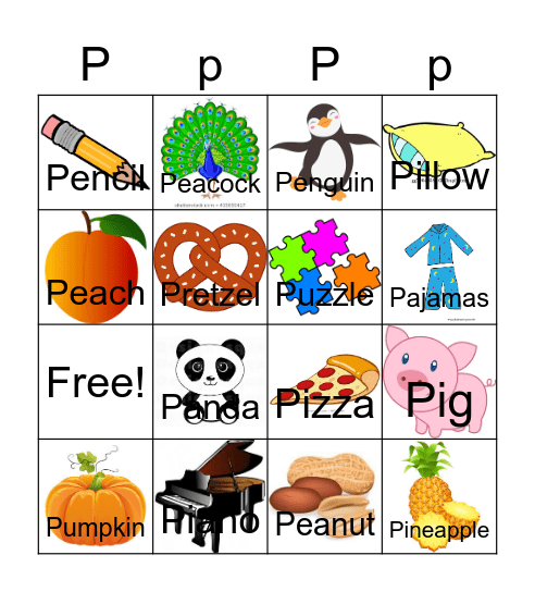 Letter P Bingo Card